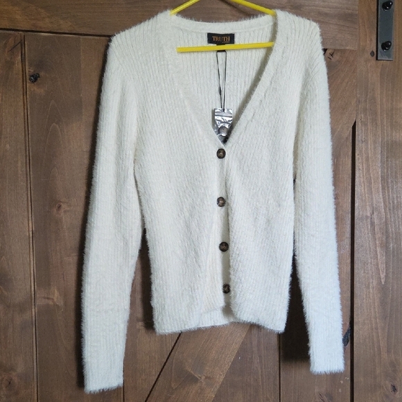Truth Sweaters - Truth Cream V-Neck Button-Up Fuzzy Cardigan